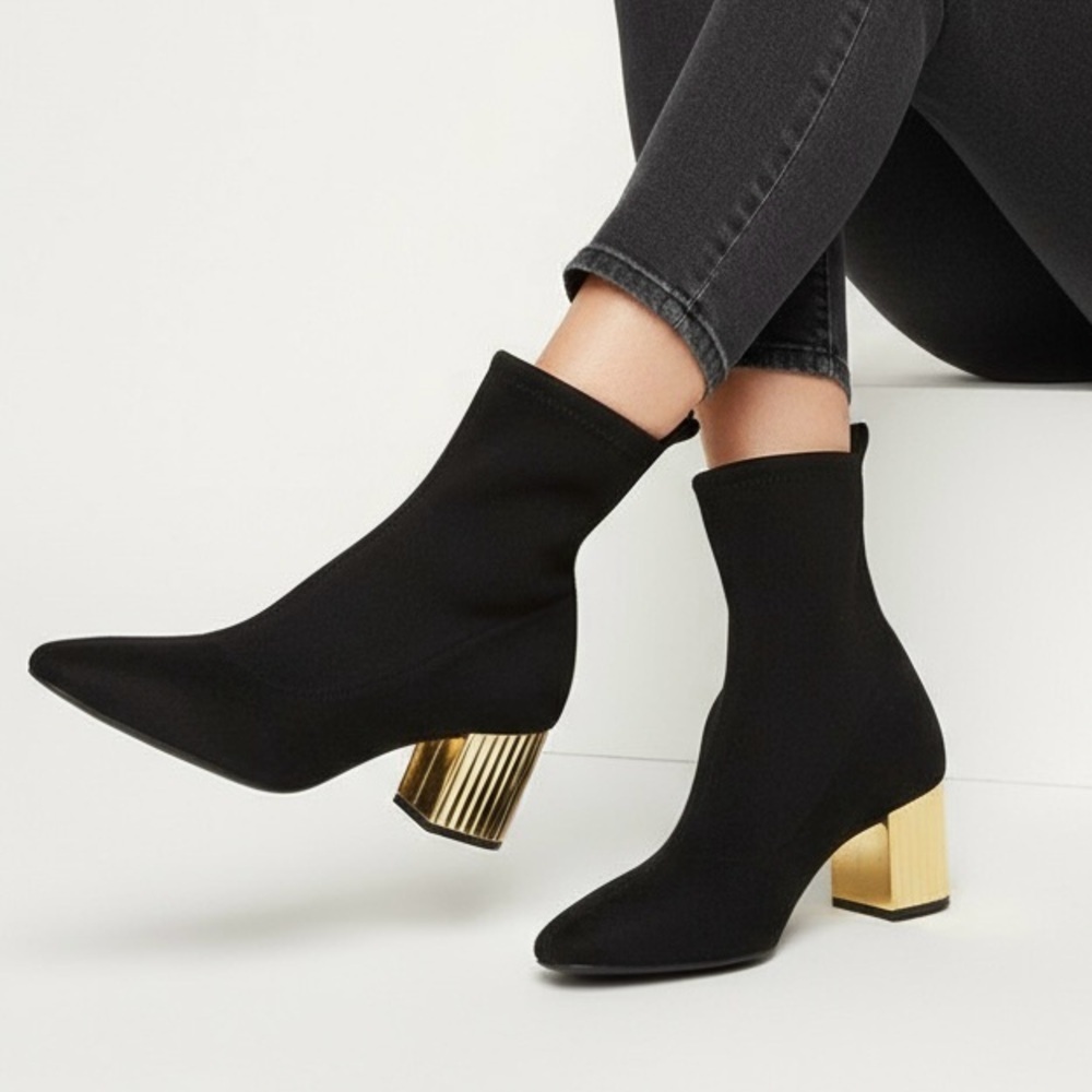 Michael Kors Black Suede Stretch Sock Ankle Booties w/ Gold Block Heel – Size 7